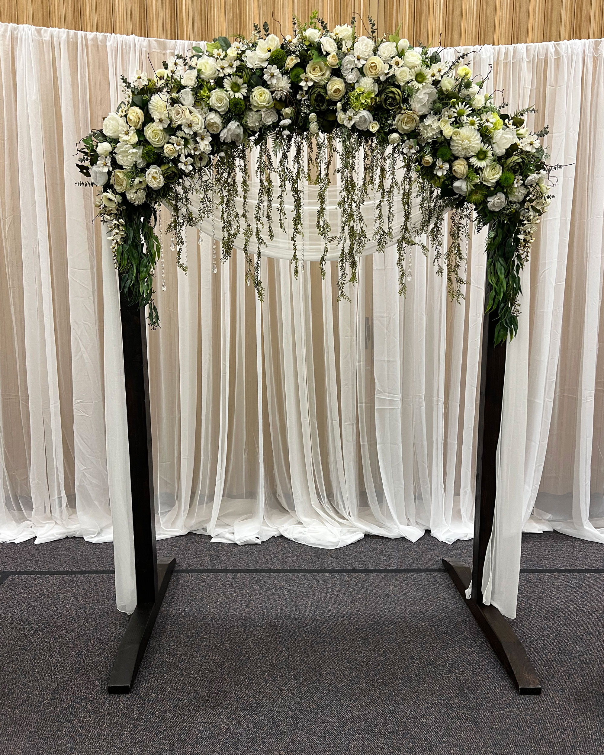 Reception featuring White Ivory Floral Wedding Arch at LDS Chapel in Provo, Utah.