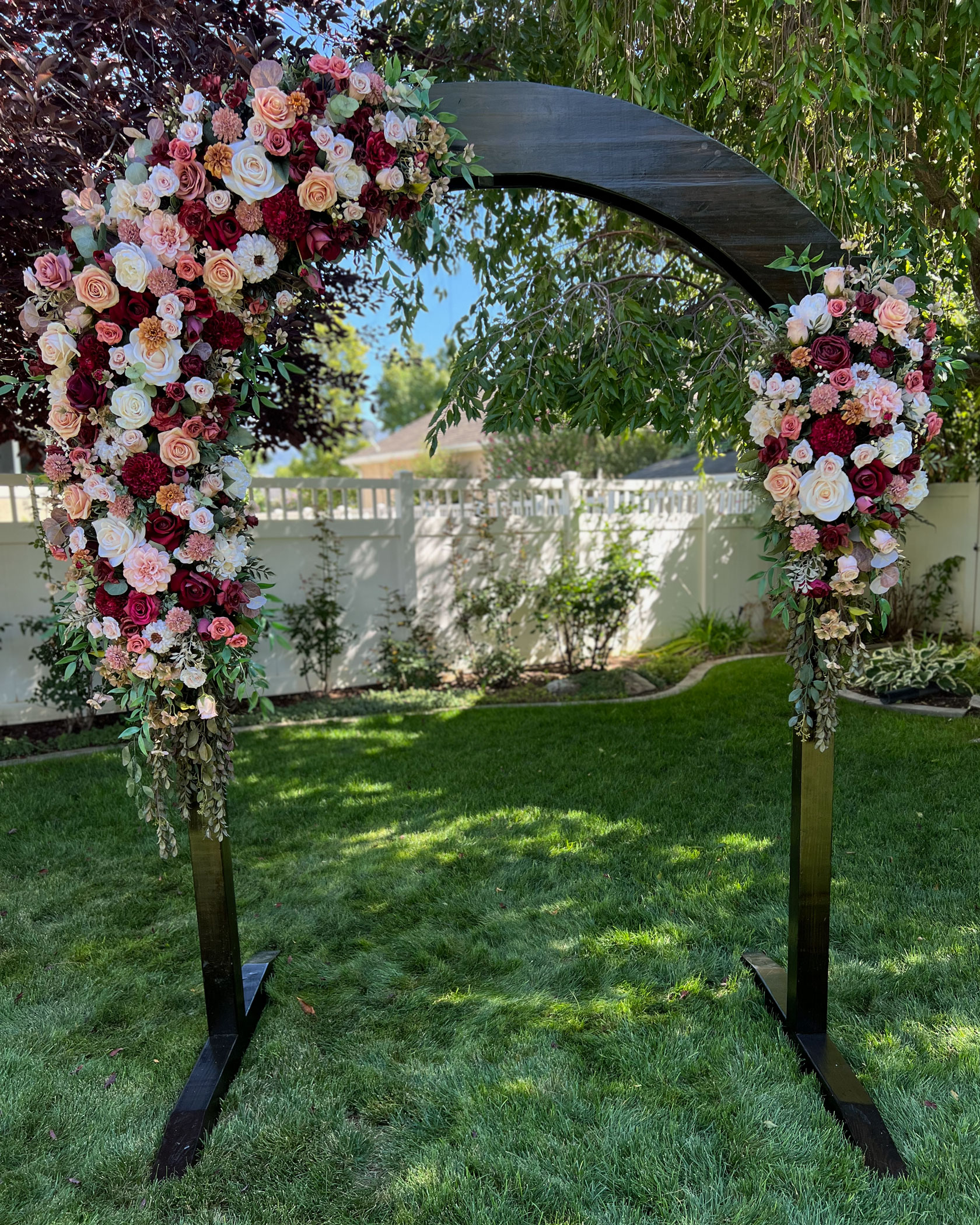 Autumn Burgundy Ivory Floral on Classic Dark Wedding Arch in Spanish Fork, Utah
