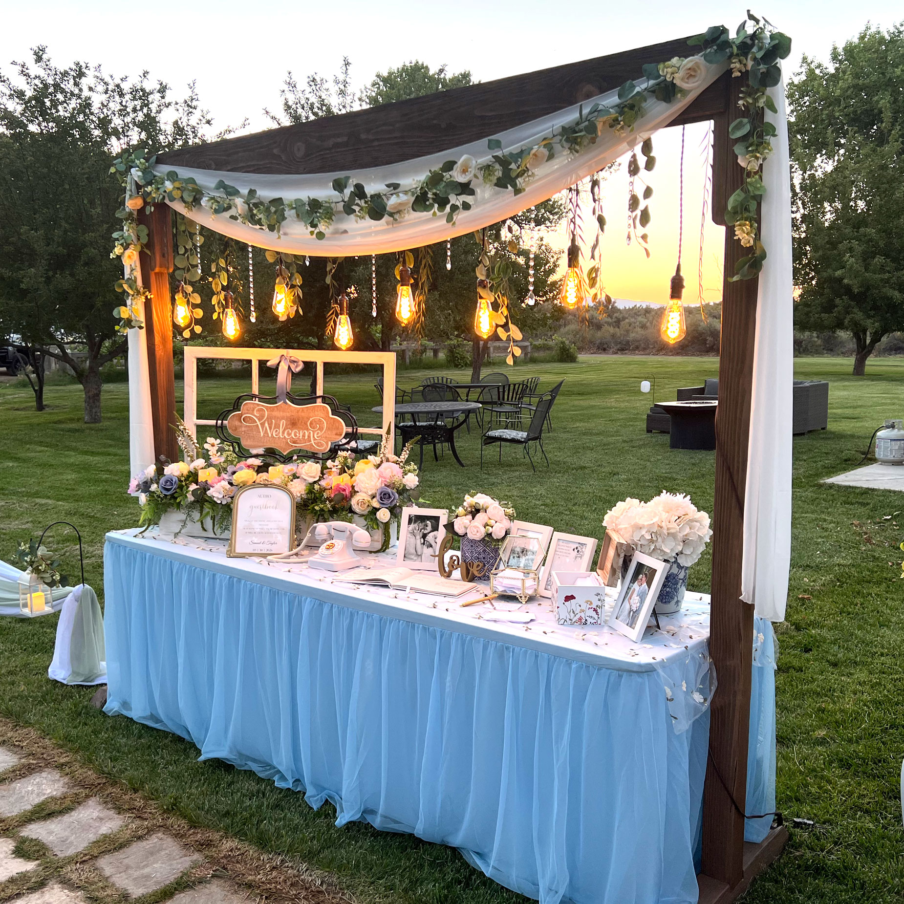 camdas-wedding-arches-rental-utah-rustic-lighted-table-arches-01 Backyard Wedding Reception featuring Rustic Lighted Table Arches in Fallon, Nevada.