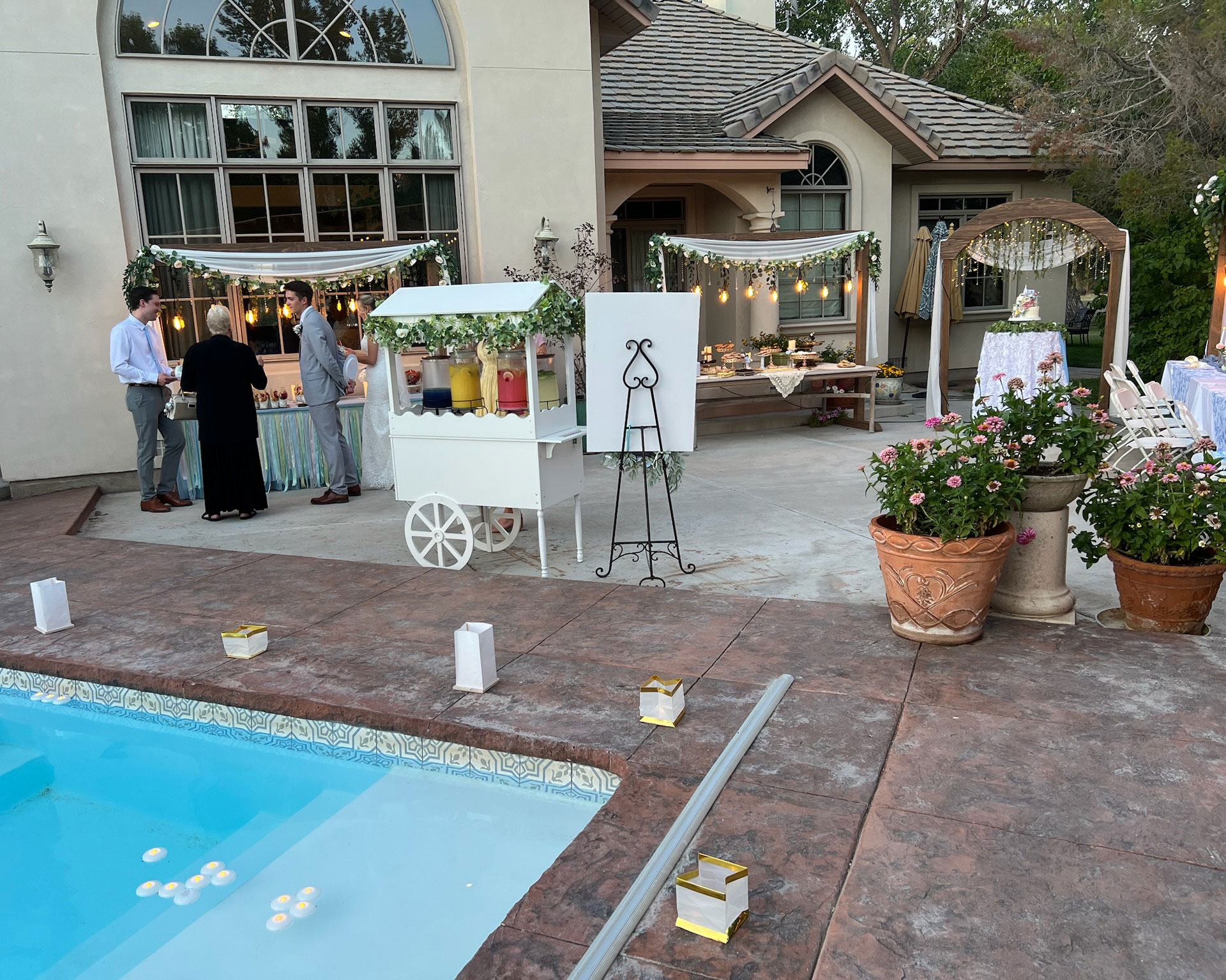 camdas-wedding-arches-rental-utah-rustic-lighted-table-arches-04 Backyard Wedding Reception featuring Rustic Lighted Table Arches in Fallon, Nevada.