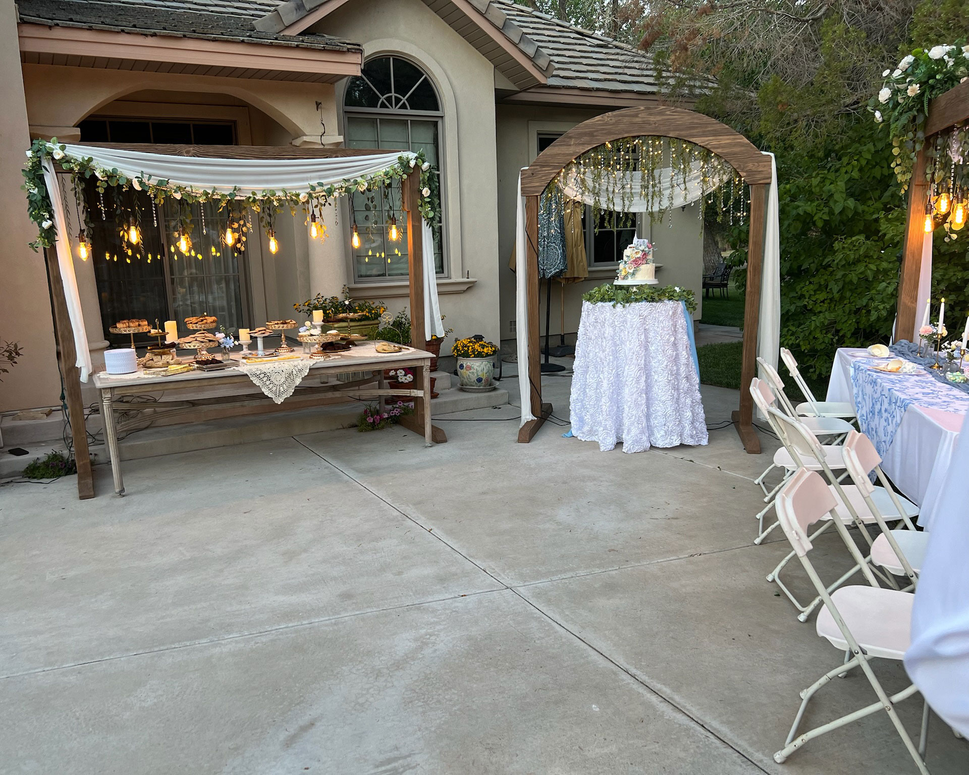 camdas-wedding-arches-rental-utah-rustic-lighted-table-arches-05 Backyard Wedding Reception featuring Rustic Lighted Table Arches in Fallon, Nevada.