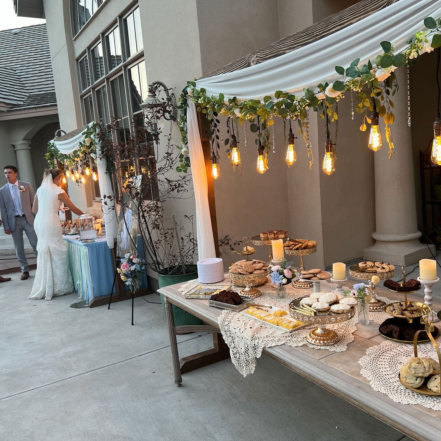 camdas-wedding-arches-rental-utah-rustic-lighted-table-arches-08 Backyard Wedding Reception featuring Rustic Lighted Table Arches in Fallon, Nevada.
