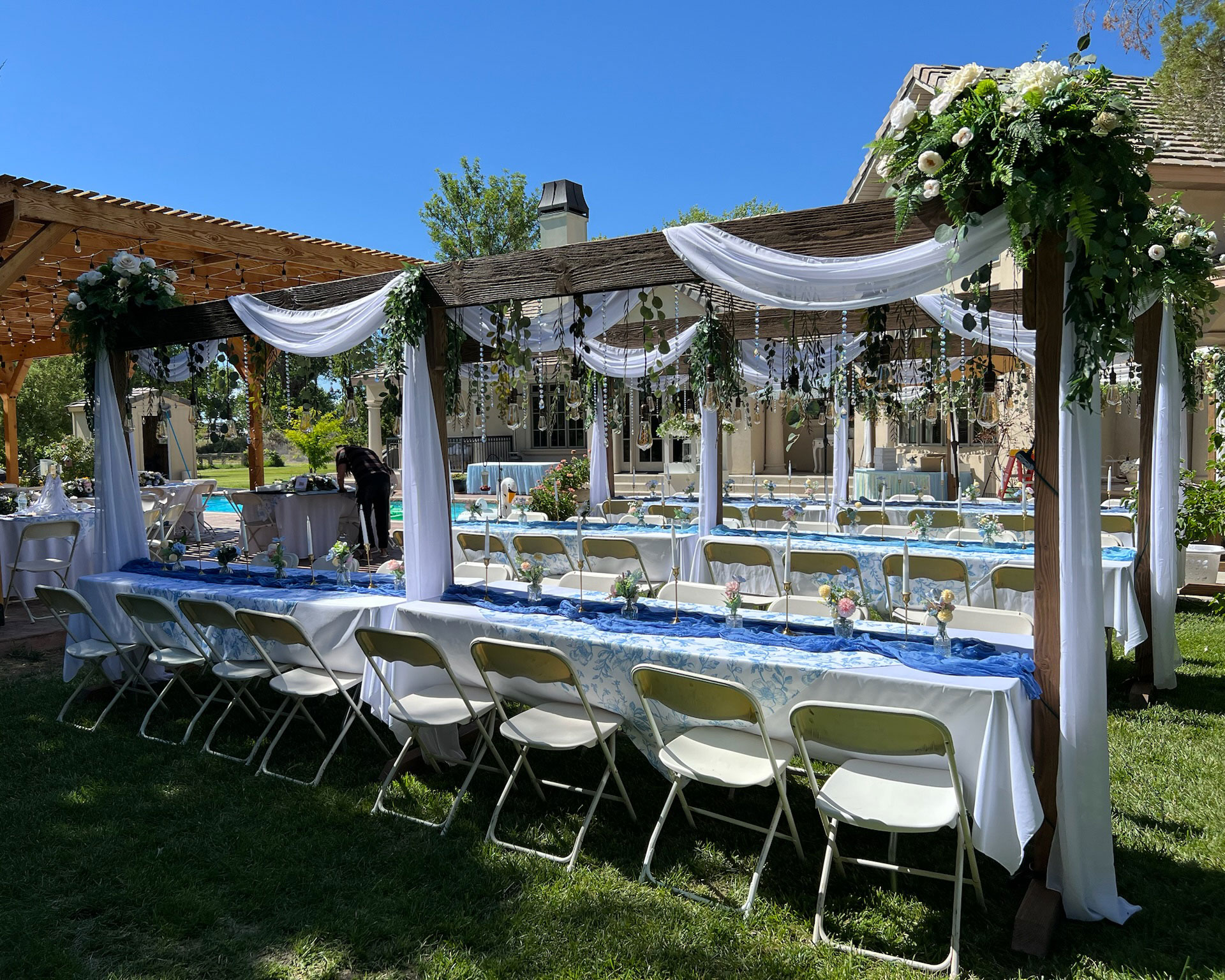 camdas-wedding-arches-rental-utah-rustic-lighted-table-arches-09 Backyard Wedding Reception featuring Cascading Vines Tan Ivory Floral on Rustic Lighted Table Arches in Fallon, Nevada.