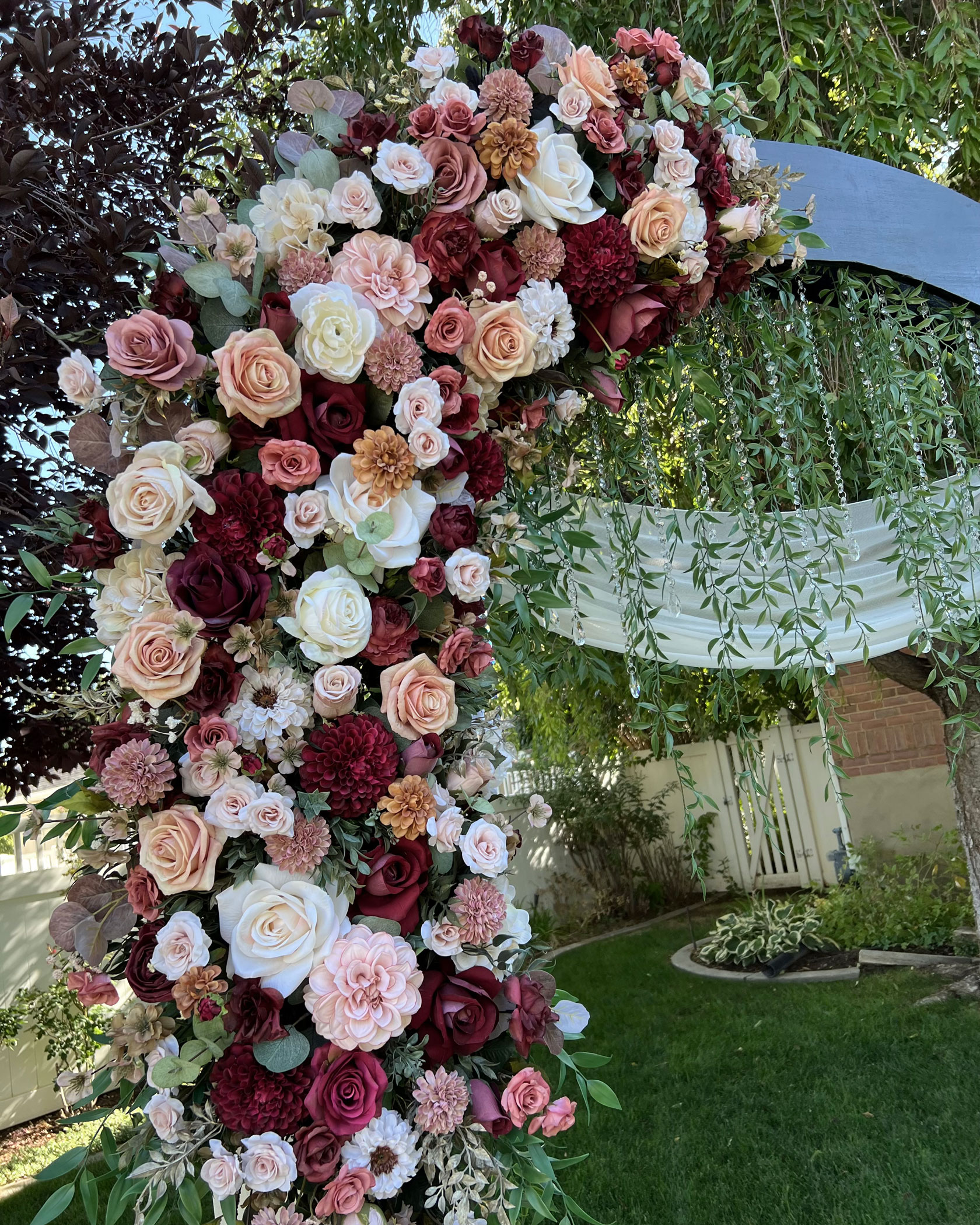 Autumn Burgundy Ivory Floral on Classic Dark Wedding Arch in Spanish Fork, Utah