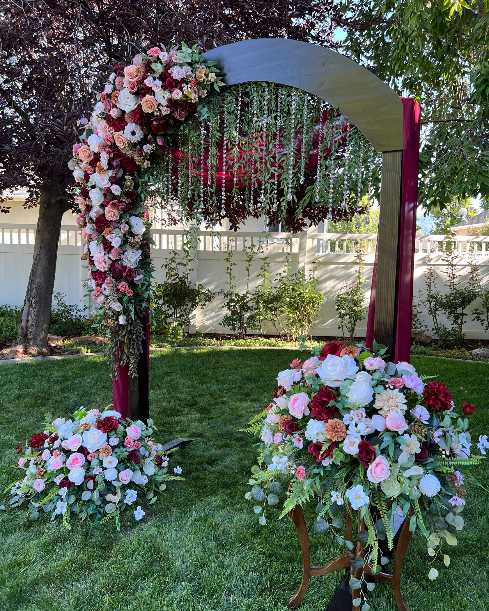 Autumn Burgundy Ivory Floral on Classic Dark Wedding Arch in Spanish Fork, Utah