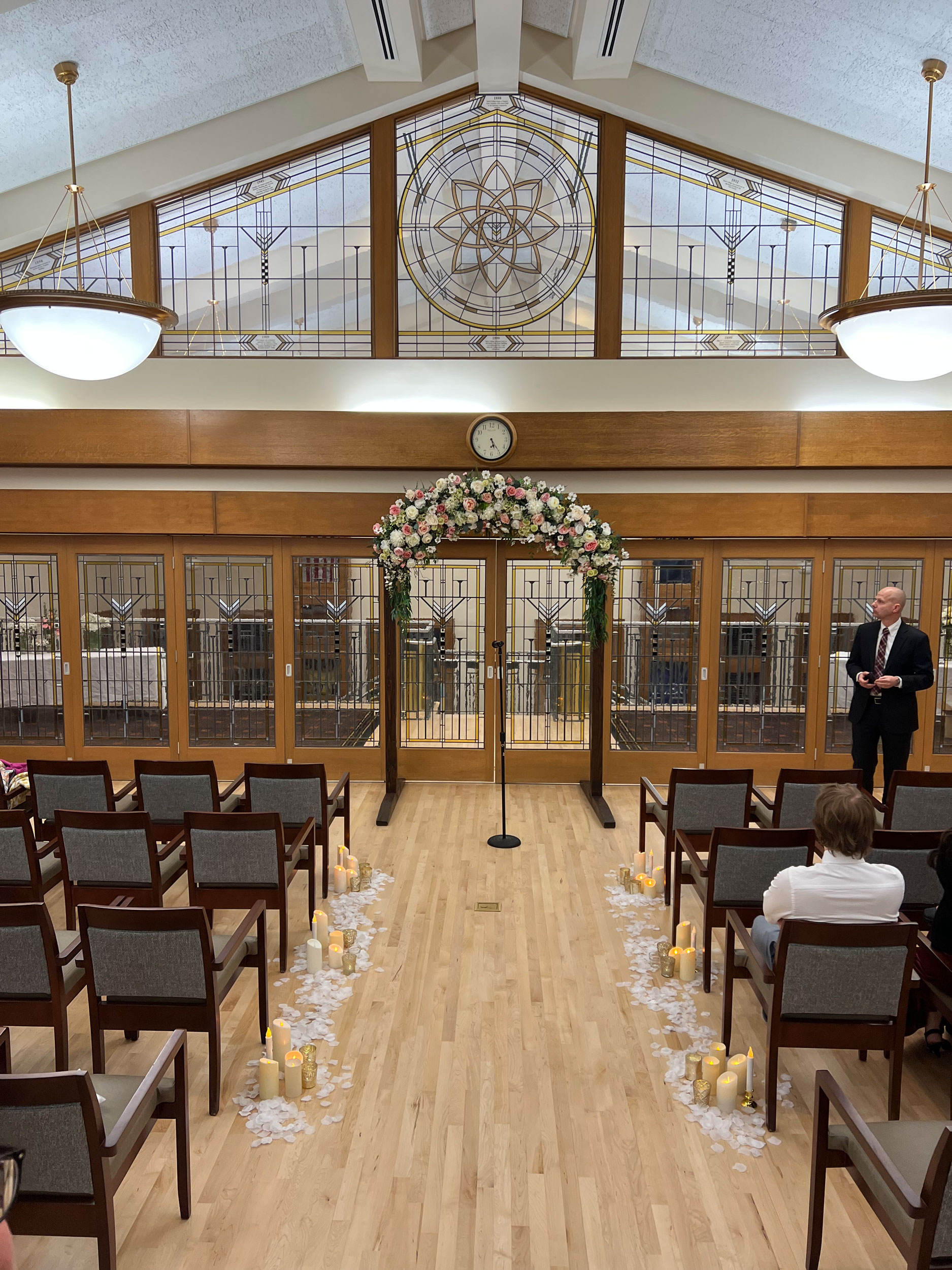 Ring Ceremony featuring Blush White and Ivory Wedding Arch at Snow College in Ephraim, Utah.