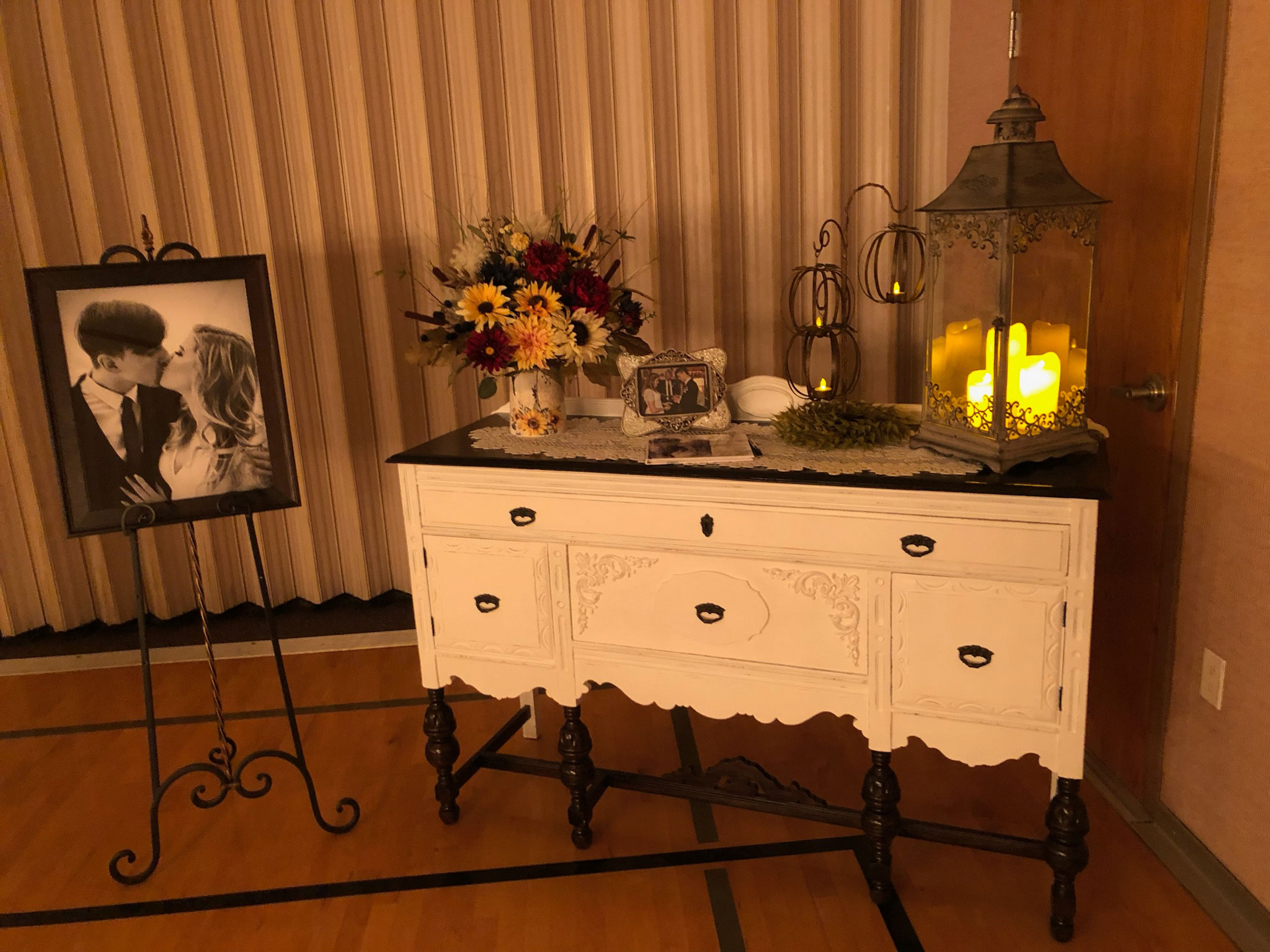 Reception Entry Buffet Table and Accessories featuring Fall Sunflower Floral at an LDS Chapel in Spanish Fork, Utah.