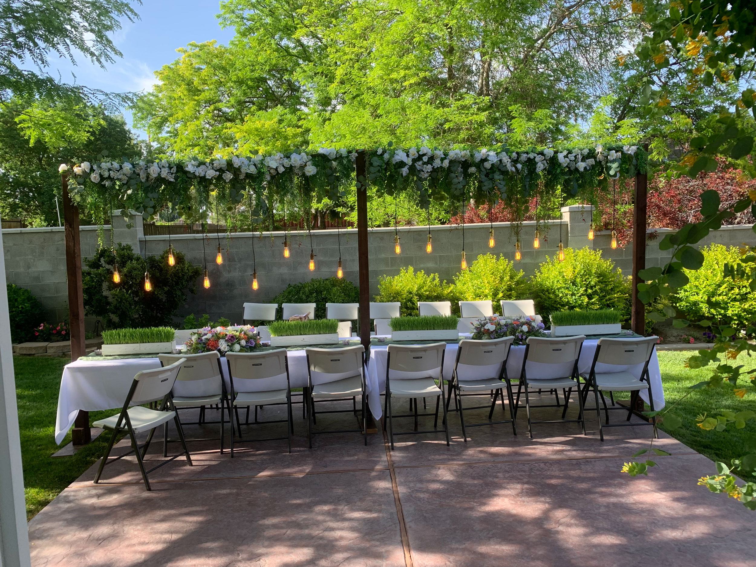 Wedding Reception featuring Wildflower Floral at home backyard in South Jordan, Utah.