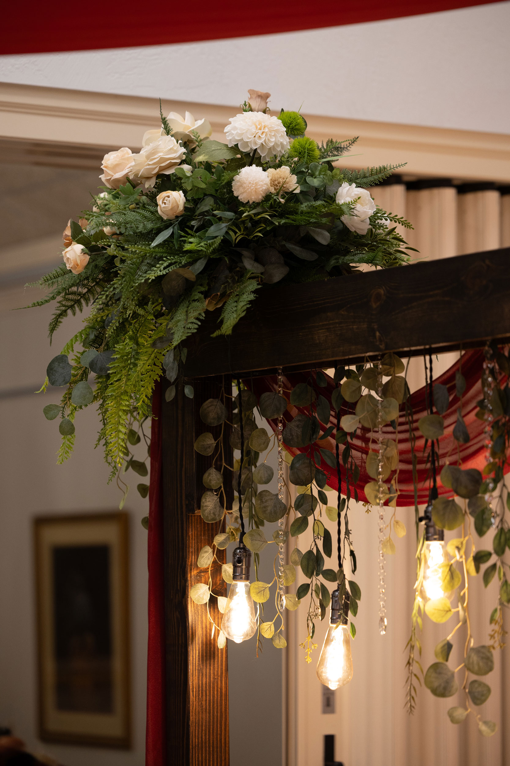 Wedding Reception featuring Cascading Vines Tan Ivory Floral Lighted Table Arches at LDS Chapel in Orem, Utah.