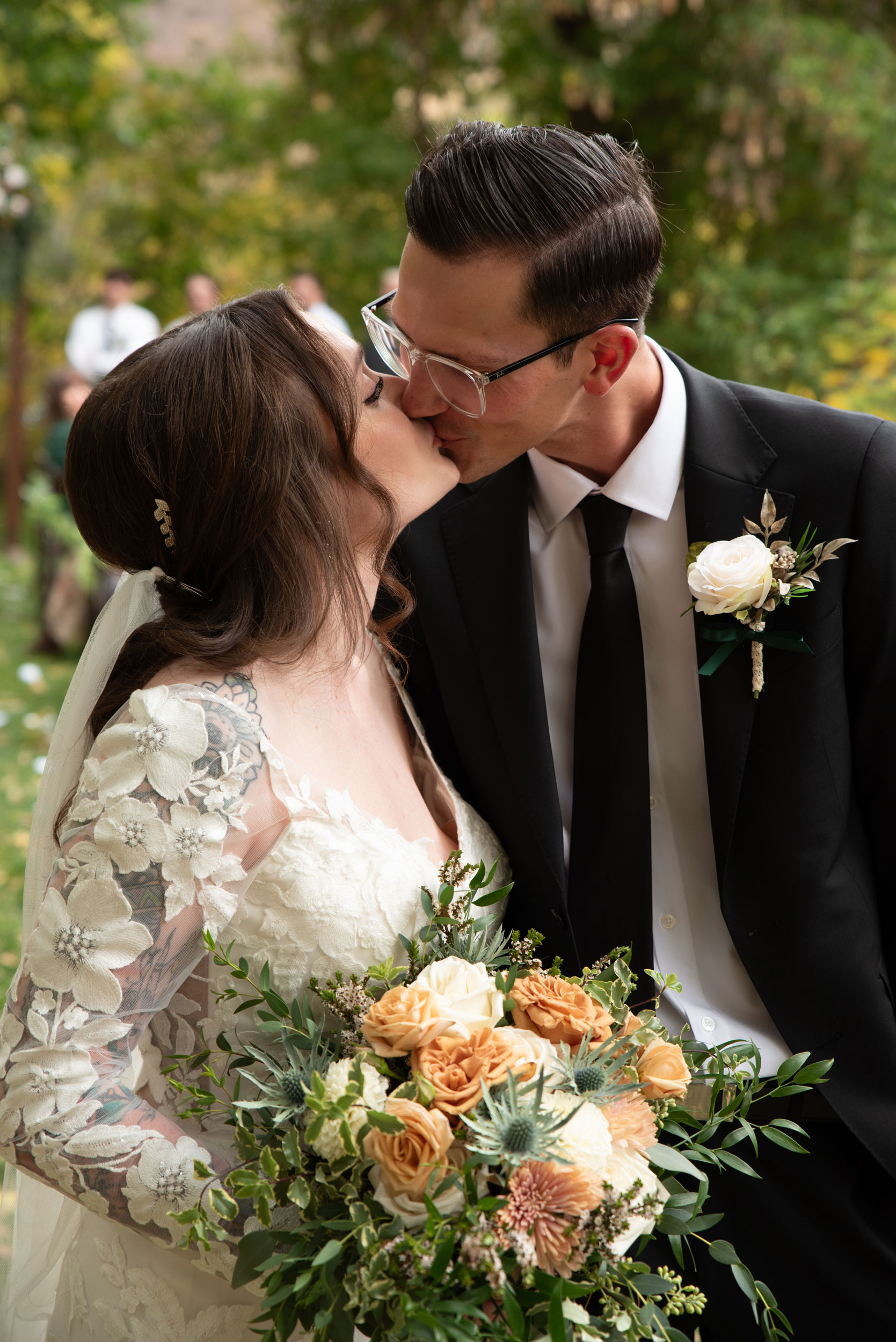 Wedding Ceremony featuring Fresh Floral Wedding Bouquet at Jolley's Ranch Pavillion in Springville, Utah.